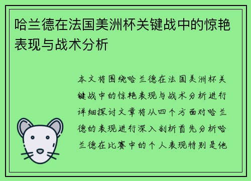 哈兰德在法国美洲杯关键战中的惊艳表现与战术分析 哈兰德在法国美洲杯关键战中的惊艳表现与战术分析