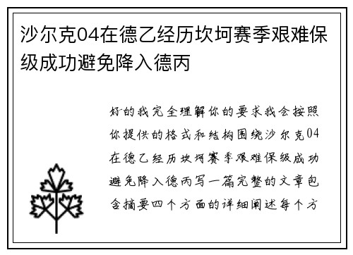 沙尔克04在德乙经历坎坷赛季艰难保级成功避免降入德丙