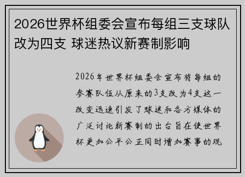 2026世界杯组委会宣布每组三支球队改为四支 球迷热议新赛制影响 2026世界杯组委会宣布每组三支球队改为四支 球迷热议新赛制影响